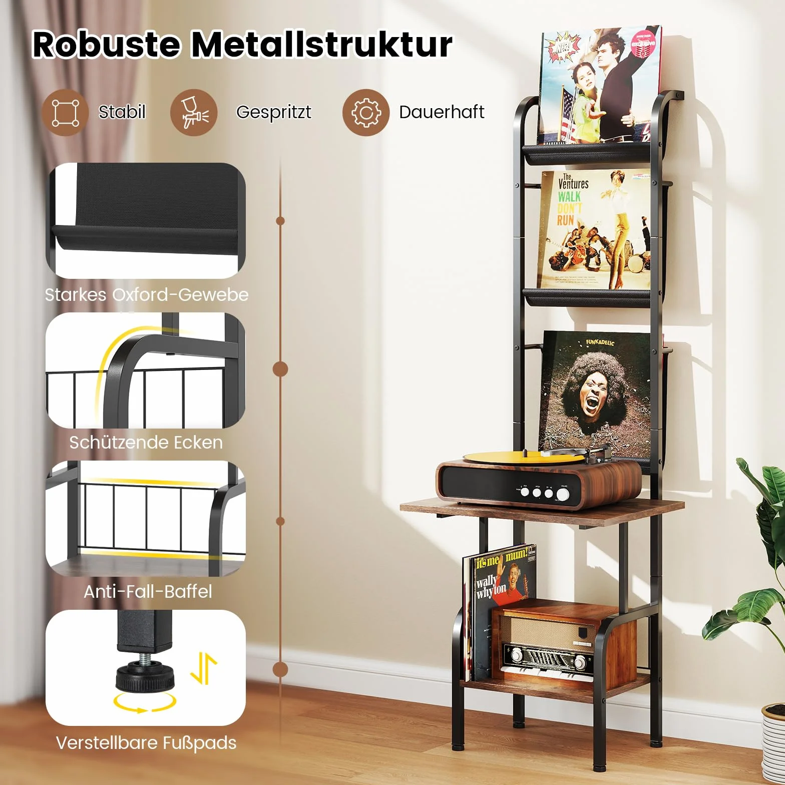 COSTWAY 5-stöckiger Plattenspielerständer mit Vinyl-Ausstellungsregal, Schallplattenständer Plattenhalter, Vinyl-Schallplatten Plattenspieler Regal für Alben CDs 50 x 51 x 145 cm (Kaffee)