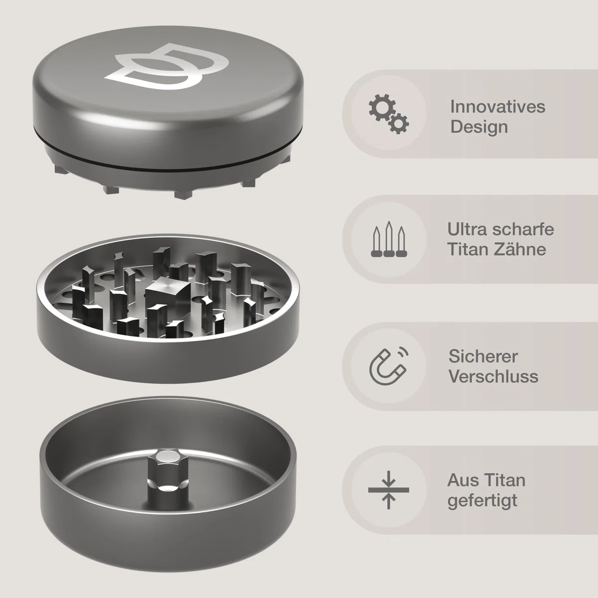 Bloomint Titan Premium Grinder Metall 62 mm, Crusher Korrosionsfrei und langlebig, Metall Grinder 3 teilig, Extra scharf