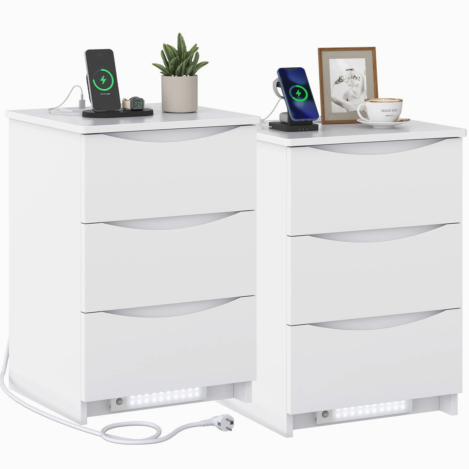 Brinlawb Nachttisch 2er Set mit LED-Beleuchtung und Ladestation (2 AC-Steckdosen & 2 USB-Anschlüsse) Nachtschrank 2er Set mit 3 Schubladen Beistelltisch für Schlafzimmer, Einfache Montage, Wohnzimmer