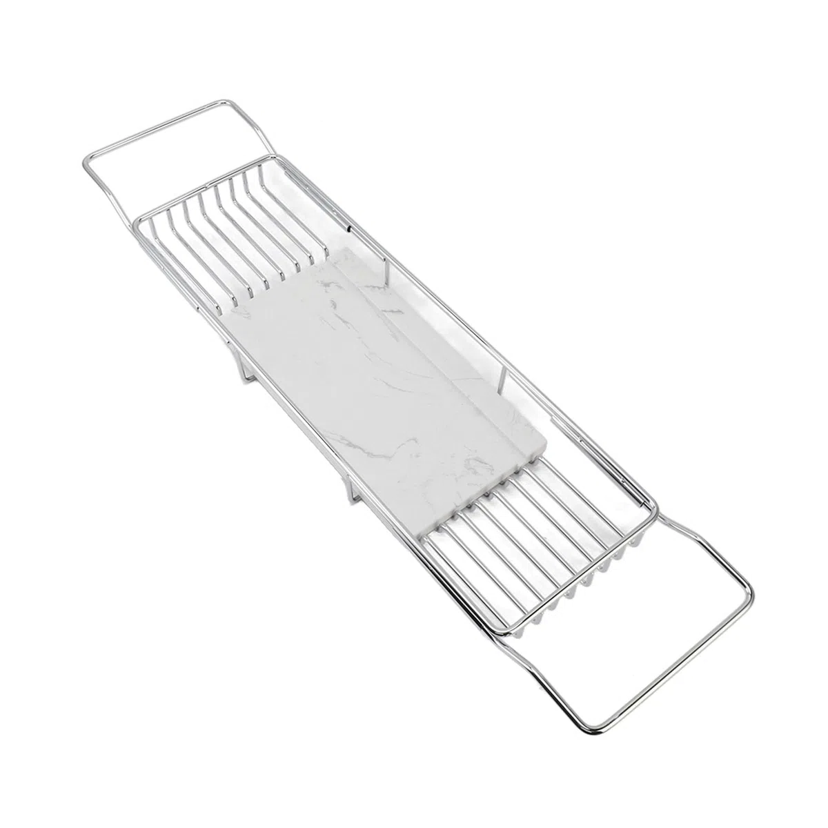 Badewannenablage, rutschfest, Multifunktional, Platzsparend, Erweiterbar, Edelstahl-Marmor-Badewannenregal, Modisch für Männer für Badezimmer (Silber Weiss)