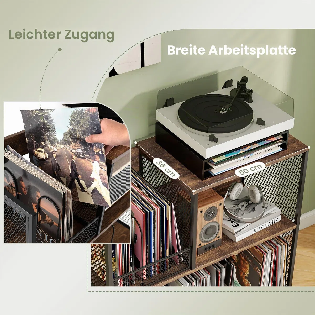 KOMFOTTEU Vinyl-Plattenspielerständer für bis zu 300 Alben, 3-stöckige Schallplatten-Display mit 3 abnehmbaren Trennwänden, Plattenspieler aus Holz und Metall (Braun)