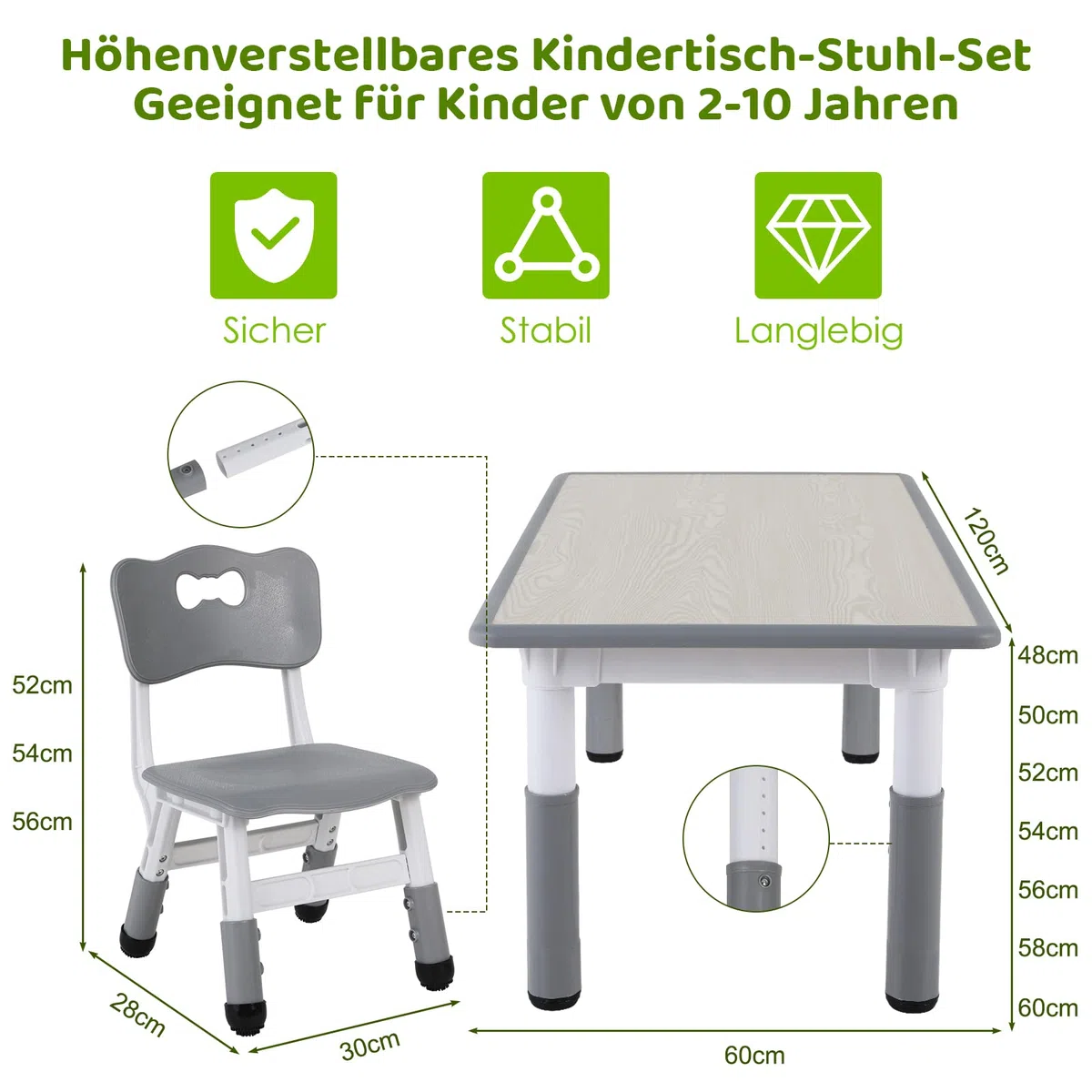 MAMIZO Kindertisch Packung mit 4 Stühlen, Kindertischgruppe Höhenverstellbar, Tisch Stuhl Set für Kindergarten und Kinderzimmer, Plastik Kindermöbel, Sitzgruppe für Jungen Mädchen ab 2 Jahre, Grau