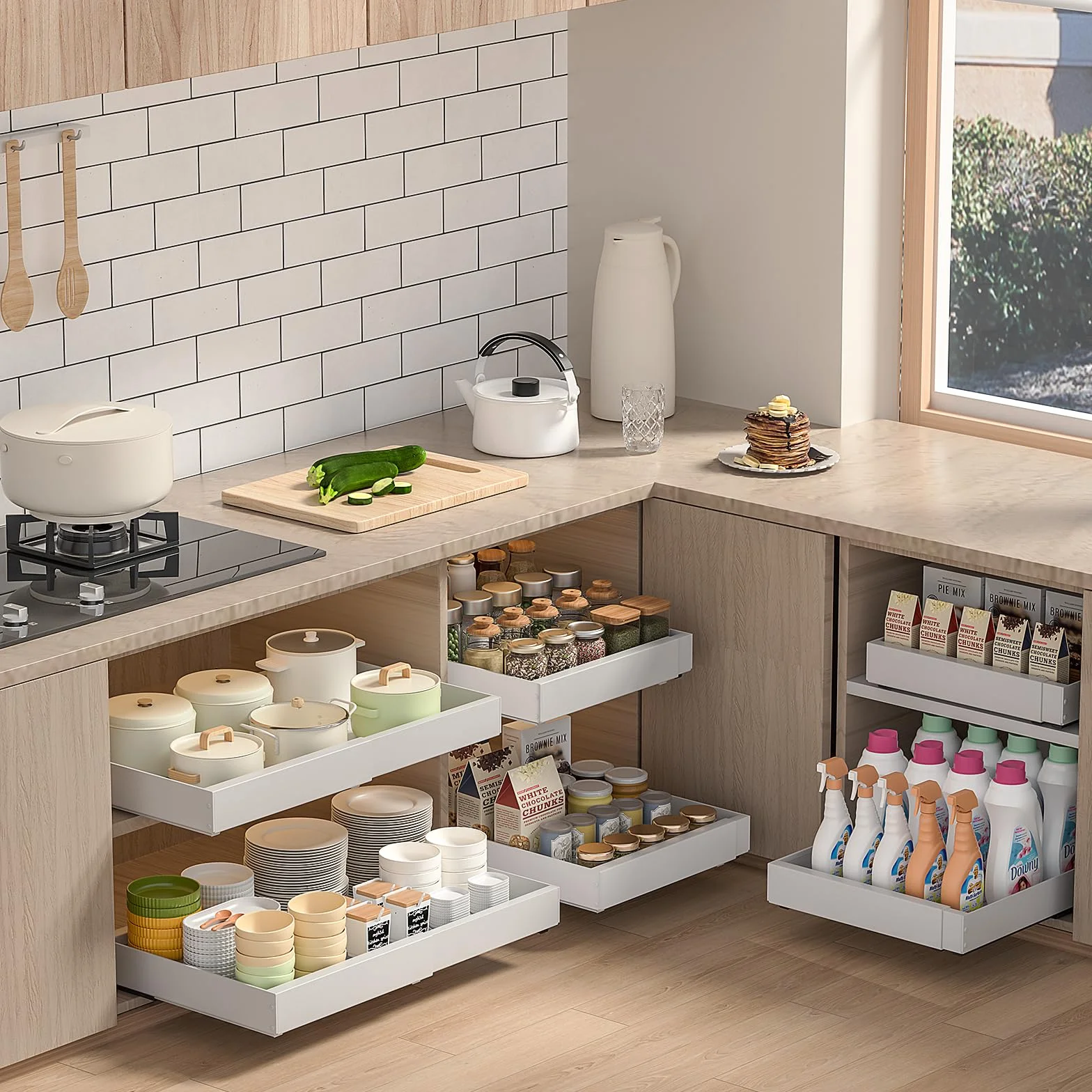 PNNP 2 Stück Teleskopschublade Ausziehbar Küche Schublade: 52 cm tiefe Ohne Bohren Für Die Nachrüsten Und Organizer Von Schrank verstellbare Breite 32 cm-53 cm | Weiß