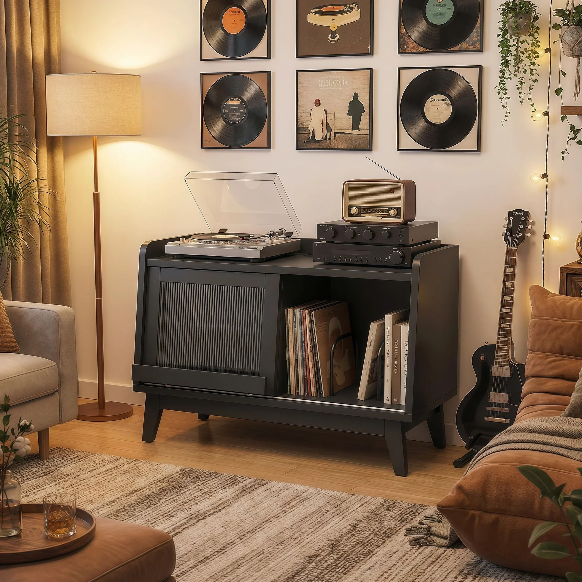 Feonase Plattenspieler Regal mit Steckdose und Glasschiebetür, Holz Plattenspielertisch für über 200 Schallplatten, offener Stauraum, ideal für das Wohnzimmer (Black)