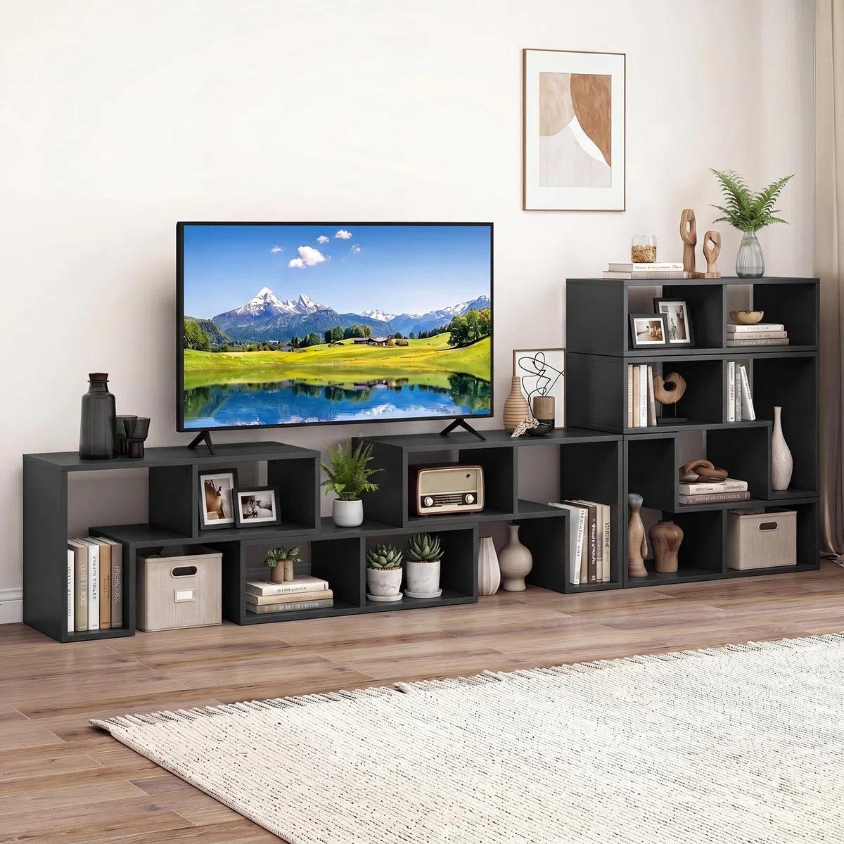 GIANTEX Fernsehschrank TV Schrank frei kombinierbar, Fernseher Regal Holz 180x30x43 cm, Sideboard TV Board Lowboard modular 3 teilig, Fernseher Schrank Fernsehtisch für 65 Zoll Fernseher, Schwarz