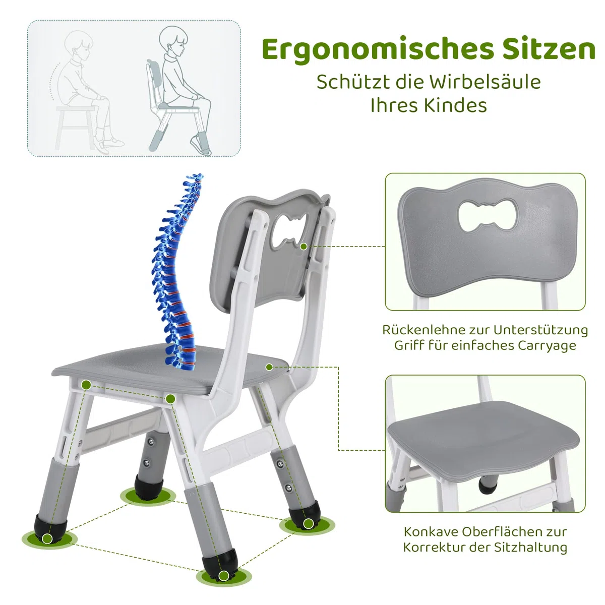 MAMIZO Kindertisch Packung mit 4 Stühlen, Kindertischgruppe Höhenverstellbar, Tisch Stuhl Set für Kindergarten und Kinderzimmer, Plastik Kindermöbel, Sitzgruppe für Jungen Mädchen ab 2 Jahre, Grau