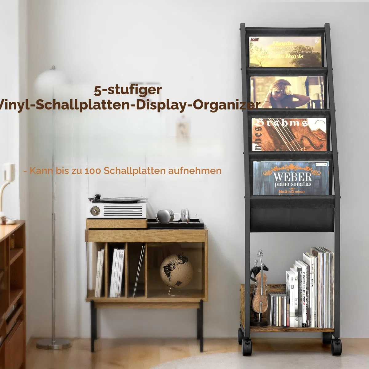 Schallplattenständer Vinyl Schallplattenhalter Bis zu 150 Alben Schallplatten Aufbewahrung Mit 4 -Tier Schallplattenhalter für Vinyl-Schallplatten, Plattenspieler Ständer Beistelltisch Nachttisch