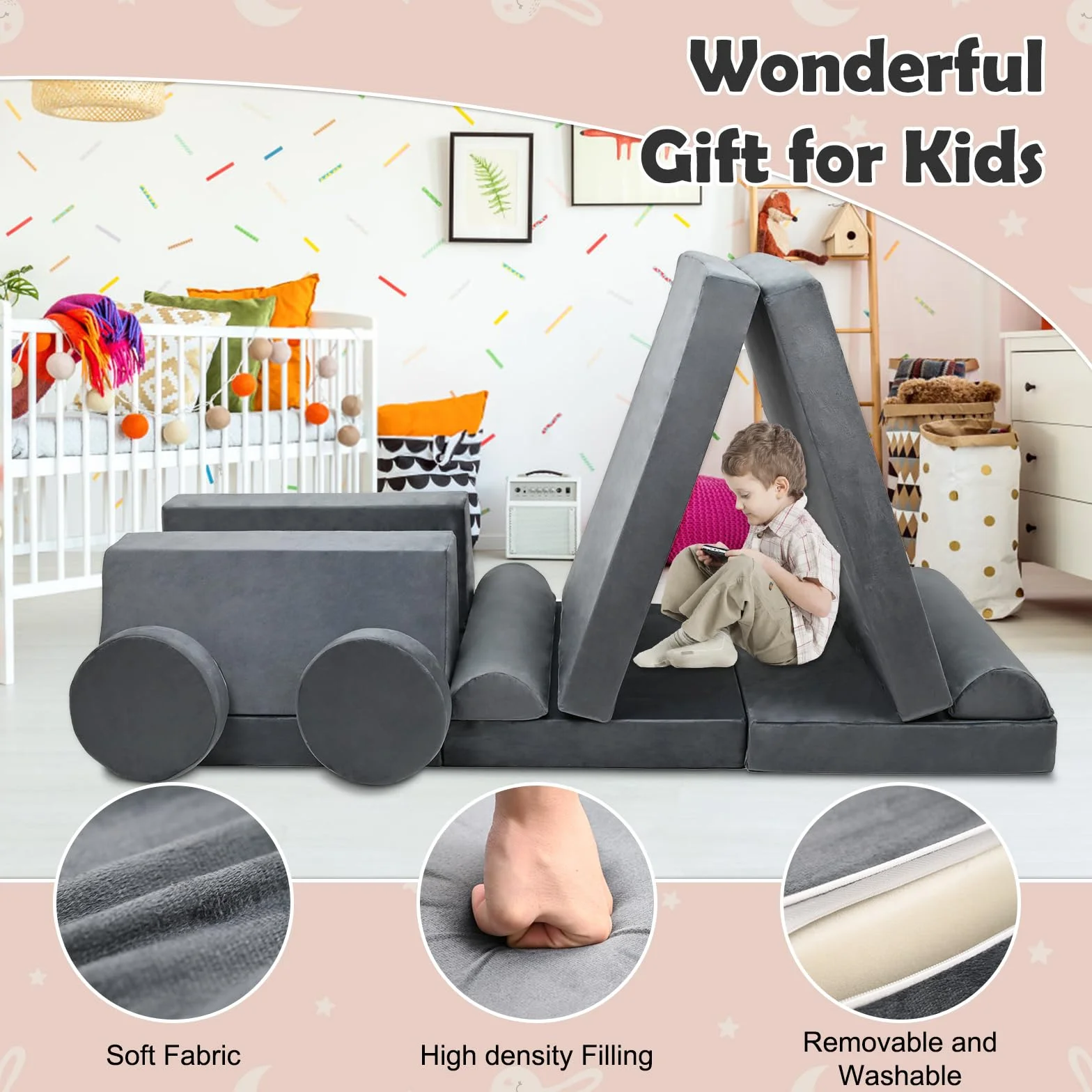 Spielsofa für Kinder,Kindersofa aus 10 Schaumstoff Bausteine, Flexibel Kombinierbare Kinder Couch Modulares Spielsofa zum Spielen, Kreativsein, Schlafen(120CM)