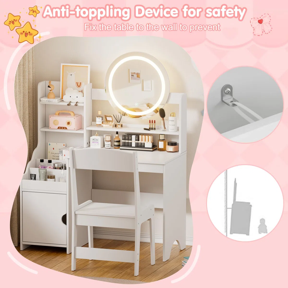 MSFE 2 in 1 Schminktisch Kinder Set, Kinderschminktisch Prinzessin Frisiertisch mit Hocker, LED-Spiegel & Stauraum Schrank, Frisierkommode Mädchen Holz ab 5 mit offenen Fächern (Weiß)