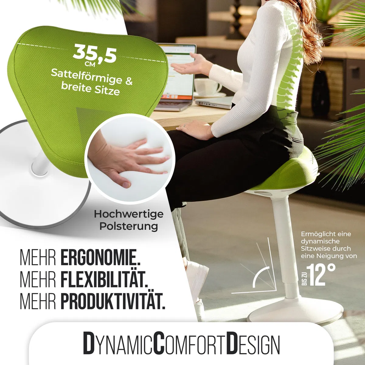 SH-01S Bürohocker Ergonomisch [IGR Zertifiziert] | Sitzhocker ergonomisch höhenverstellbar [47-65 cm]| Ergonomischer Hocker für Arbeit & Freizeit | Schwingeffekt [rutschfest] (Grün)