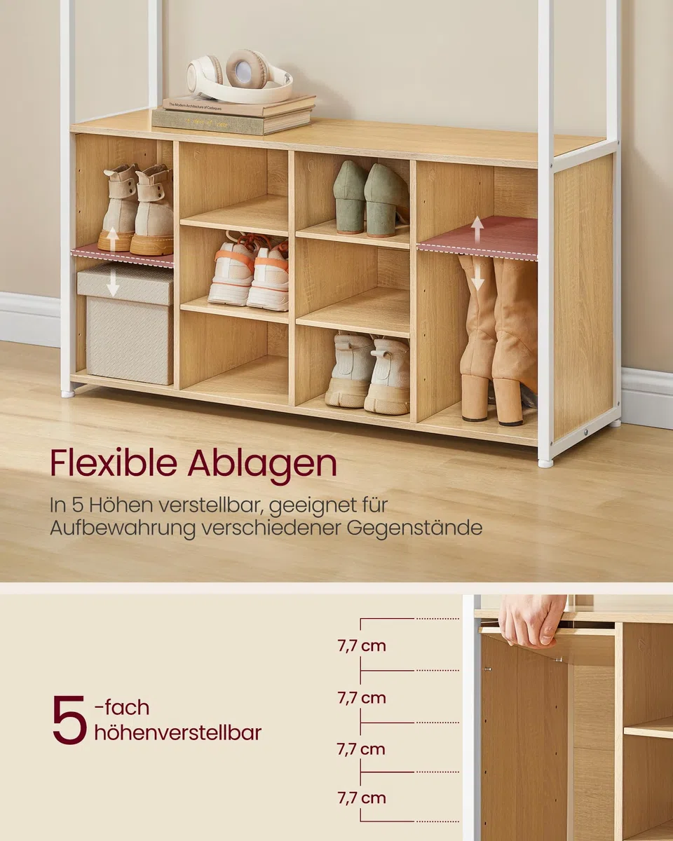 VASAGLE Kleiderständer, Garderobe, Eingangsmöbel mit Schuhregal, offene Fächer, Kleiderhaken, verstellbare Ablagen, modern, für Flur, Eingangsbereich, eichenfarben-weiß HSR432YA01