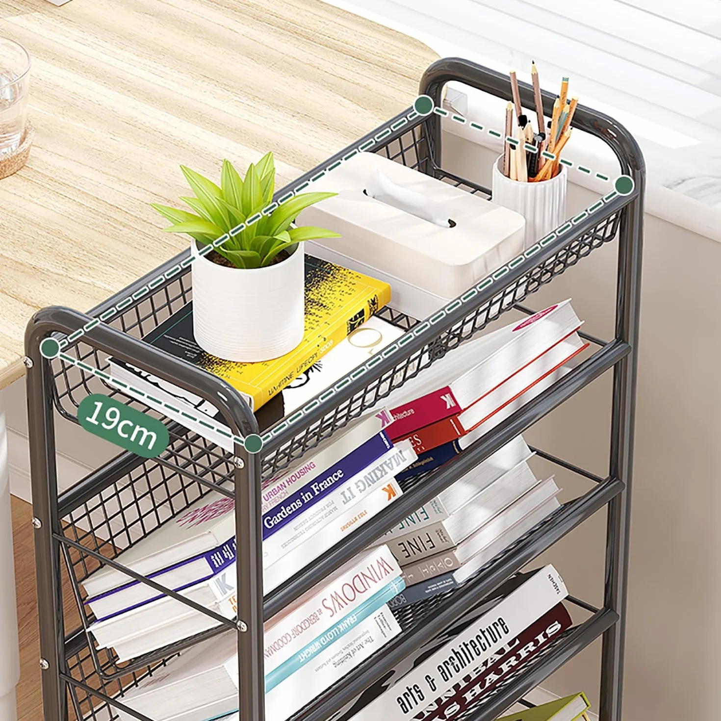 Rollbarer Bücherwagen, mobiles Bücherregal mit Rollen, kompaktes Design, Organizer, Trolley, bodenstehend, Metall-Bücherregale/Eck-Ausstellungsregal, Zeitschriftenständer für engen Raum (Farbe: Weiß,