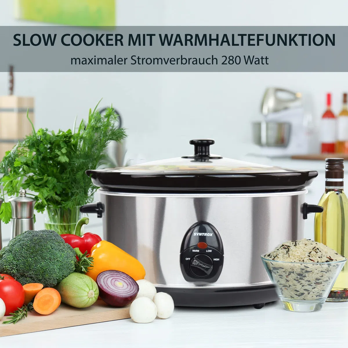 Syntrox Germany Slow Chef SC-450M_Deli Cooker Schongarer 4,5 Liter mit Warmhaltefunktion, Glasdeckel und robuster Keramikschüssel 280 Watt, Edelstahl
