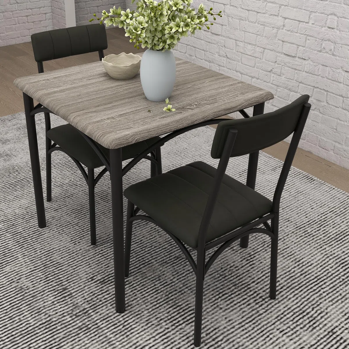 Esszimmertisch-Set 1 Tisch 2 Stühle, Küchentisch mit gepolsterten Stühlen, kompaktes Esstisch-Set aus Holz und Eisengestell, platzsparend, pflegeleicht, einfache Montage, Zementgrau