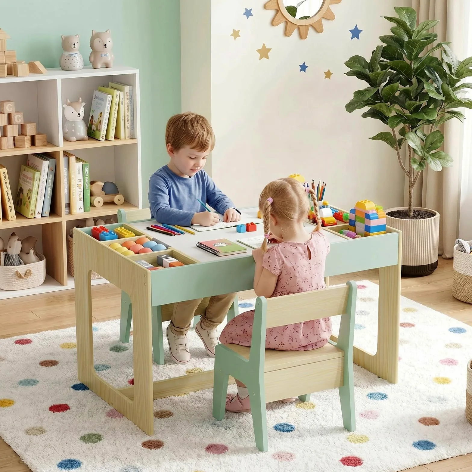 MAMIZO Kindersitzgruppe mit Stauraum, Kindertisch mit 2 PCS Stühlen, Kinder Tisch Stuhl Set mit wendbarer Tischplatte, Kinderschreibtisch für Kinderzimmer Kindertagesstätte,ab 3+, Holzfarbe mit Grün
