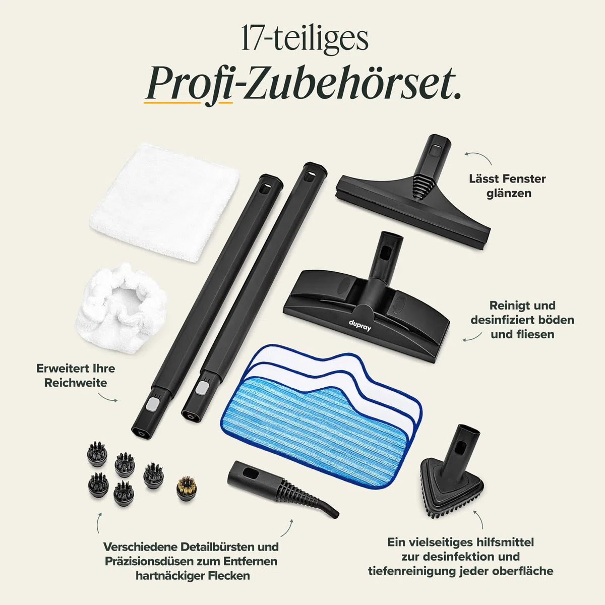 Dupray Neat Dampfreiniger – leistungsstarker Multifunktions-Dampfreiniger für Haus, Böden, Fliesen, Fugen, Möbel, Matratzen, Fenster, Autos & mehr (Neat + 17 Zubehörteile)
