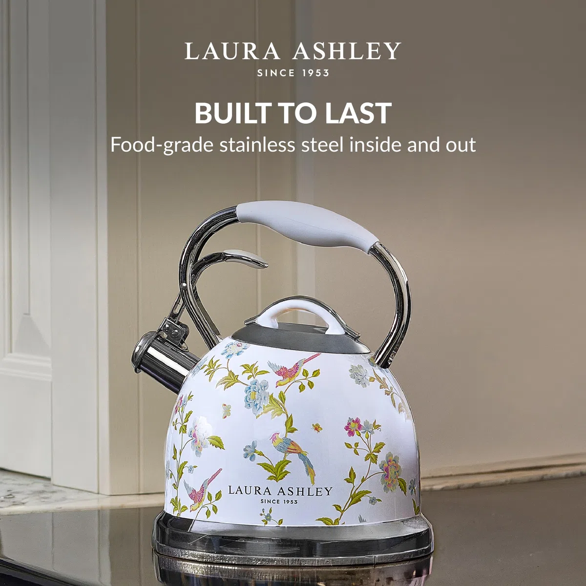 Laura Ashley Elveden White 3 Litern Wasserkessel Induktion von VQ – Wasserkessel Camping mit Pfeifton für Gasherd, Induktions kochfeld oder andere Kochfelder mit Druckknopf Mechanismus