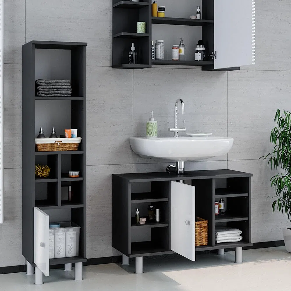Vicco Badmöbel-Set Fynn, Anthrazit, 60 cm, besteht aus Waschbeckenunterschrank, Spiegelschrank und Hochschrank