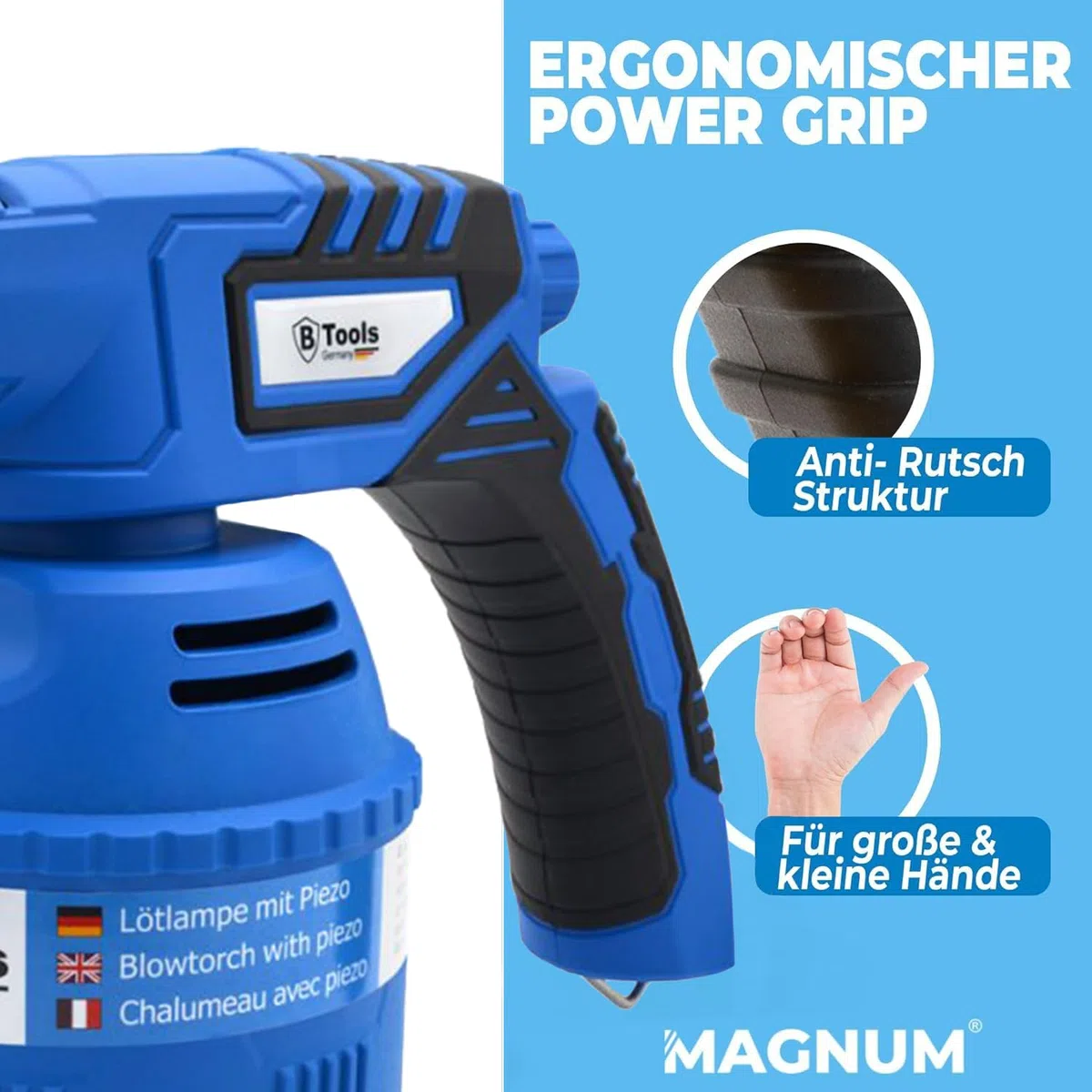 MAGNUM® Lötbrenner [1200°C] – Gasbrenner mit Piezo Zündung und Feinregulierventil – Bunsenbrenner für Löten Auftauen Unkraut entfernen und vieles mehr (4x Gartuschen 190 g)