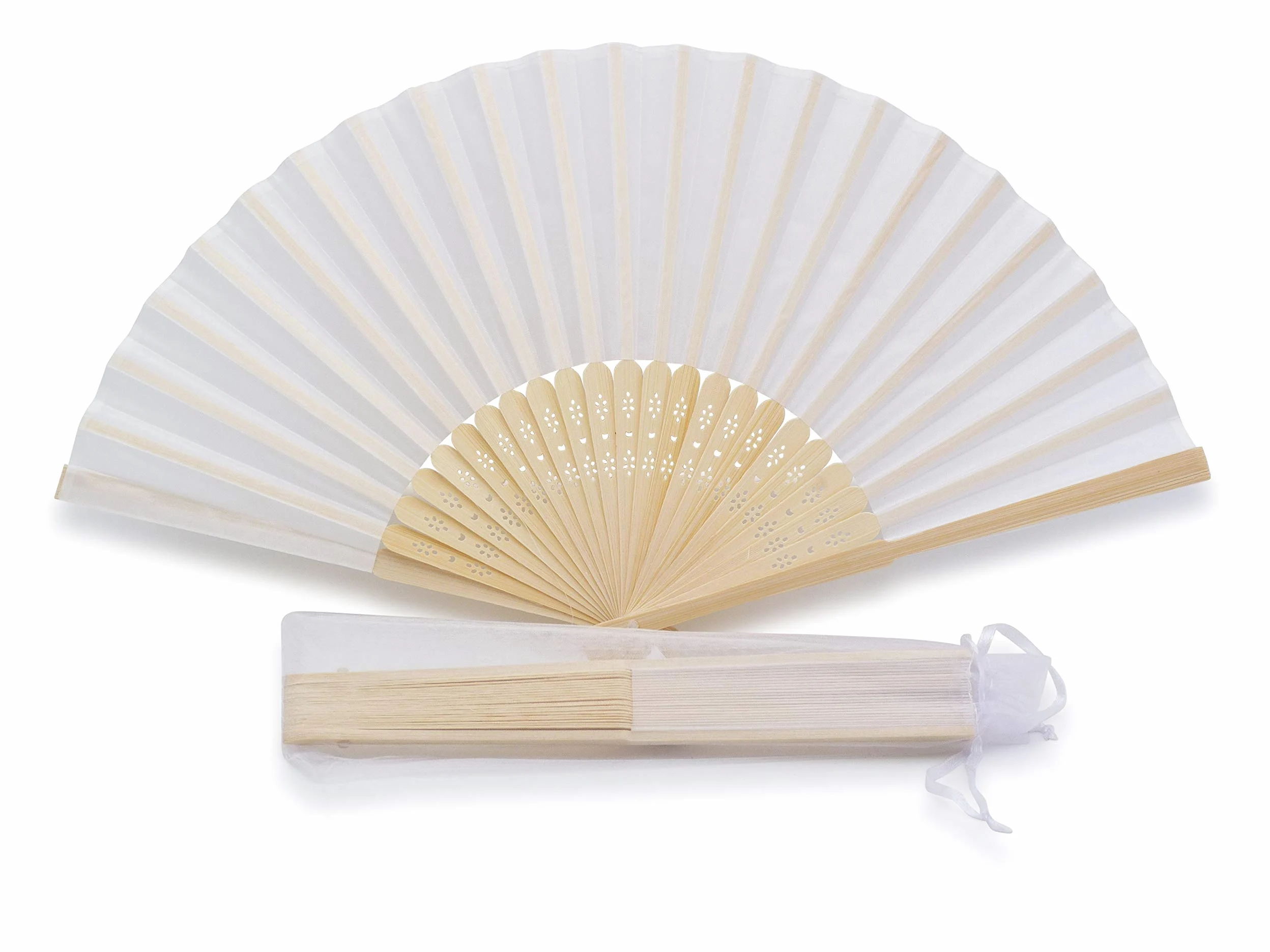 Olilly – 50 Seidenfächer für Hochzeit, Weiß + individuelle Organza-Beutel – Ihr Geschenk für die Gäste weiß