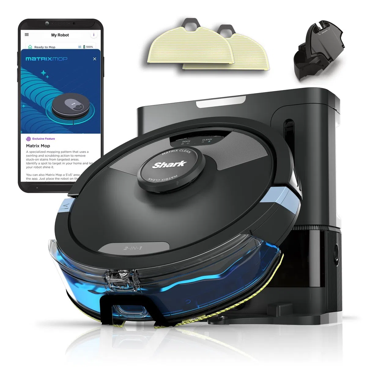 Shark Matrix Plus 2-in-1 selbstentleerter Wisch- & Saugroboter mit LiDAR Home Mapping & Kantenreinigung, für Teppiche, Hartböden & Tierhaare, Anti-Allergen, selbstaufladend, WiFi/App, Schwarz