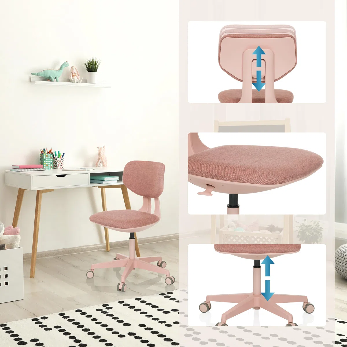 hjh OFFICE Kinderdrehstuhl mit höhenverstellbarer Rückenlehne Kid Colore Mitwachsender Schreibtischstuhl für Kinder von 6-12 Jahre, Rosa