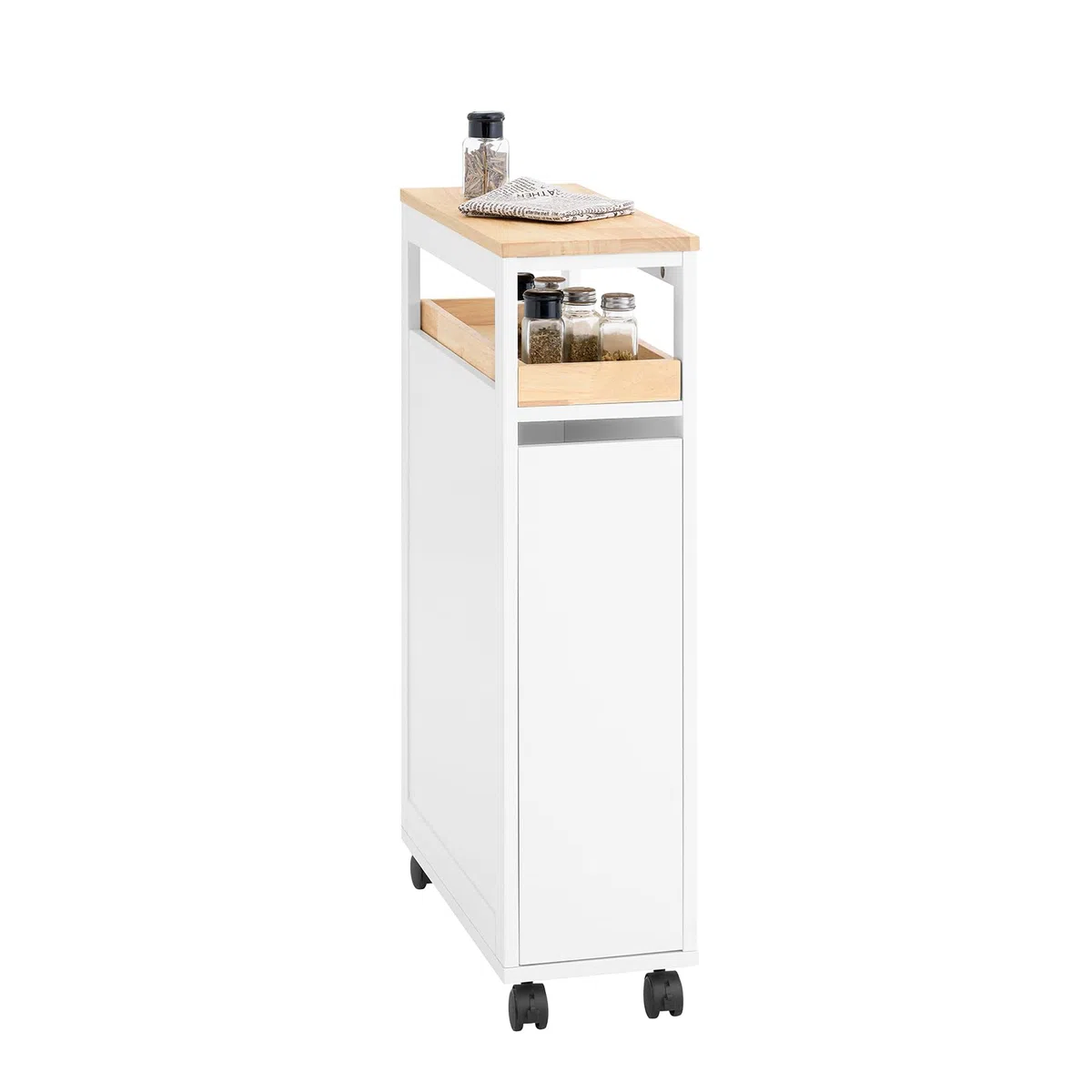 SoBuy Nischenschrank 20 cm mit Rollen – platzsparender Apothekerschrank Küche, schmaler Rollwagen und küchenregal schmal für Küche & Bad, Nischenregal für Enge Räume, 79 × 51 × 20 cm Weiß NSR11-WN