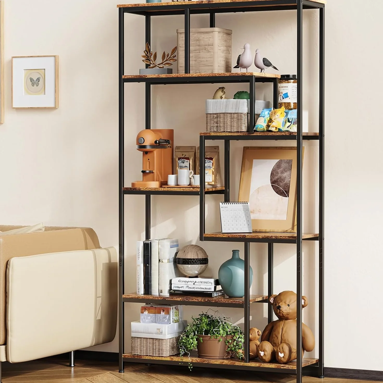 Bealife Bücherregal, 5-stöckiges Versetztes Bücherregal. Offenes Freistehendes Regal für Wohnzimmer, Industriedesign, 98 x 30 x 180 cm, Büro, Arbeitszimmer, Retro