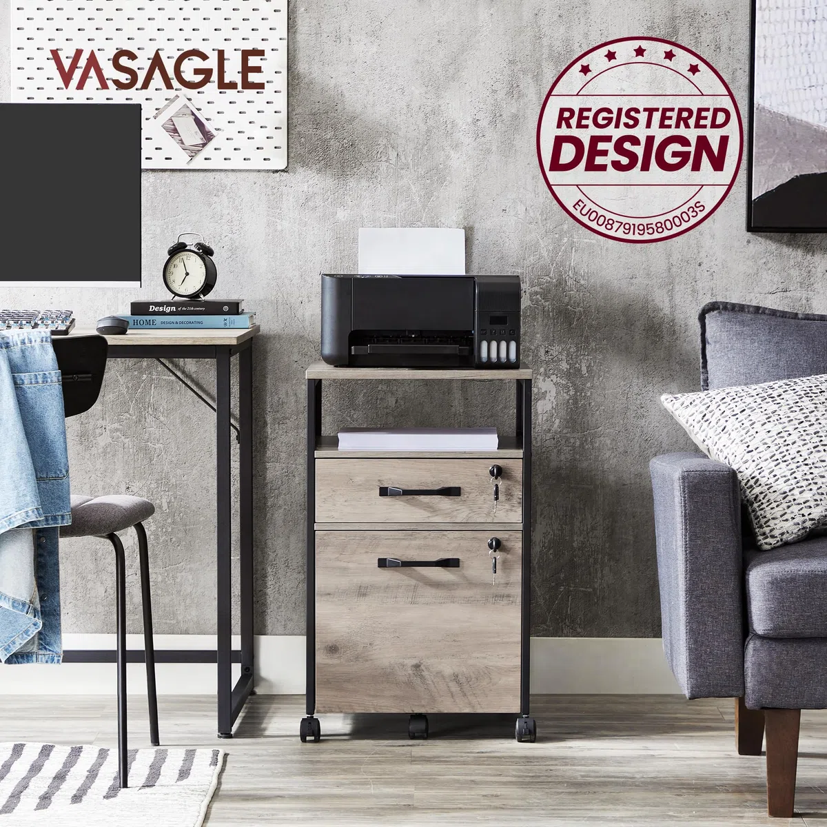 VASAGLE Rollcontainer, Aktenschrank mit 2 Schubladen, mobiler Büroschrank mit Rädern, offenes Fach, Hängeregistratur, Stahlgestell, Industrie-Design, greige meliert-tintenschwarz OFC077B02