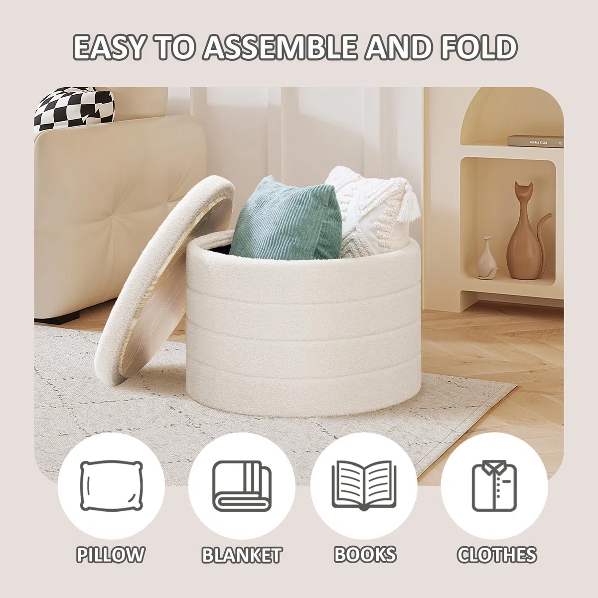 PINPLUS Hocker mit Stauraum Rund Sitzhocker mit Deckel, Faltbare Fußhocker Polsterhocker Couchtisch Ø56x40 cm für Wohnzimmer, Schlafzimmer & Flur, Cremeweiß