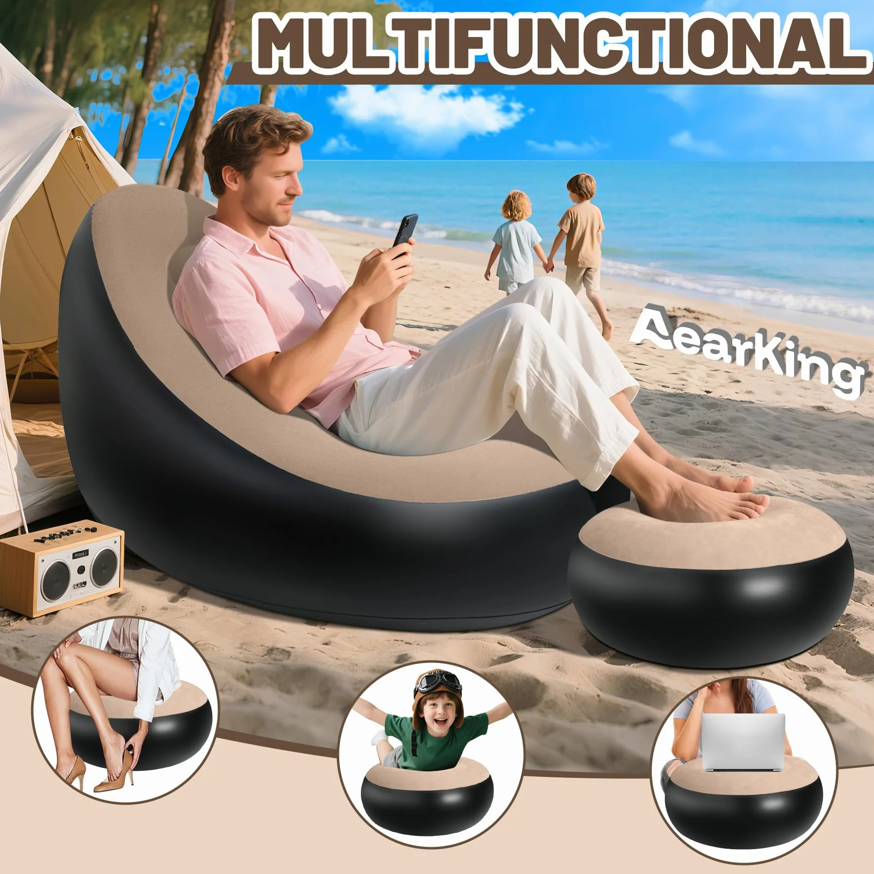 AearKing Aufblasbares Sofa mit Fußhocker, Aufblasbarer Sessel, Wasserdichtes Luftsofa Aufblasbares, Sessel, Sofa und Couch mit Beflockter Oberfläche für Wohnzimmer, Couch Aufblasbar Outdoor Camping