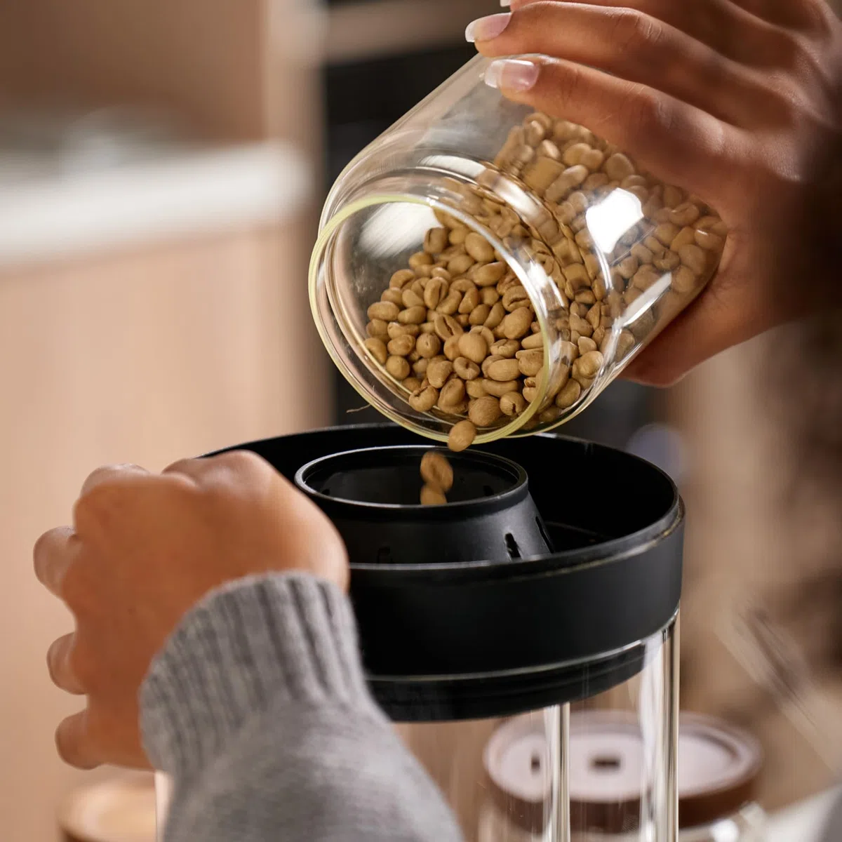 Smart Home Kaffeebohnenröster, digitales Display, automatische und manuelle Modi, 300 g Kapazität, ultra-geringer Rauch, transparente Anzeige, automatische Kühlung, 230 V