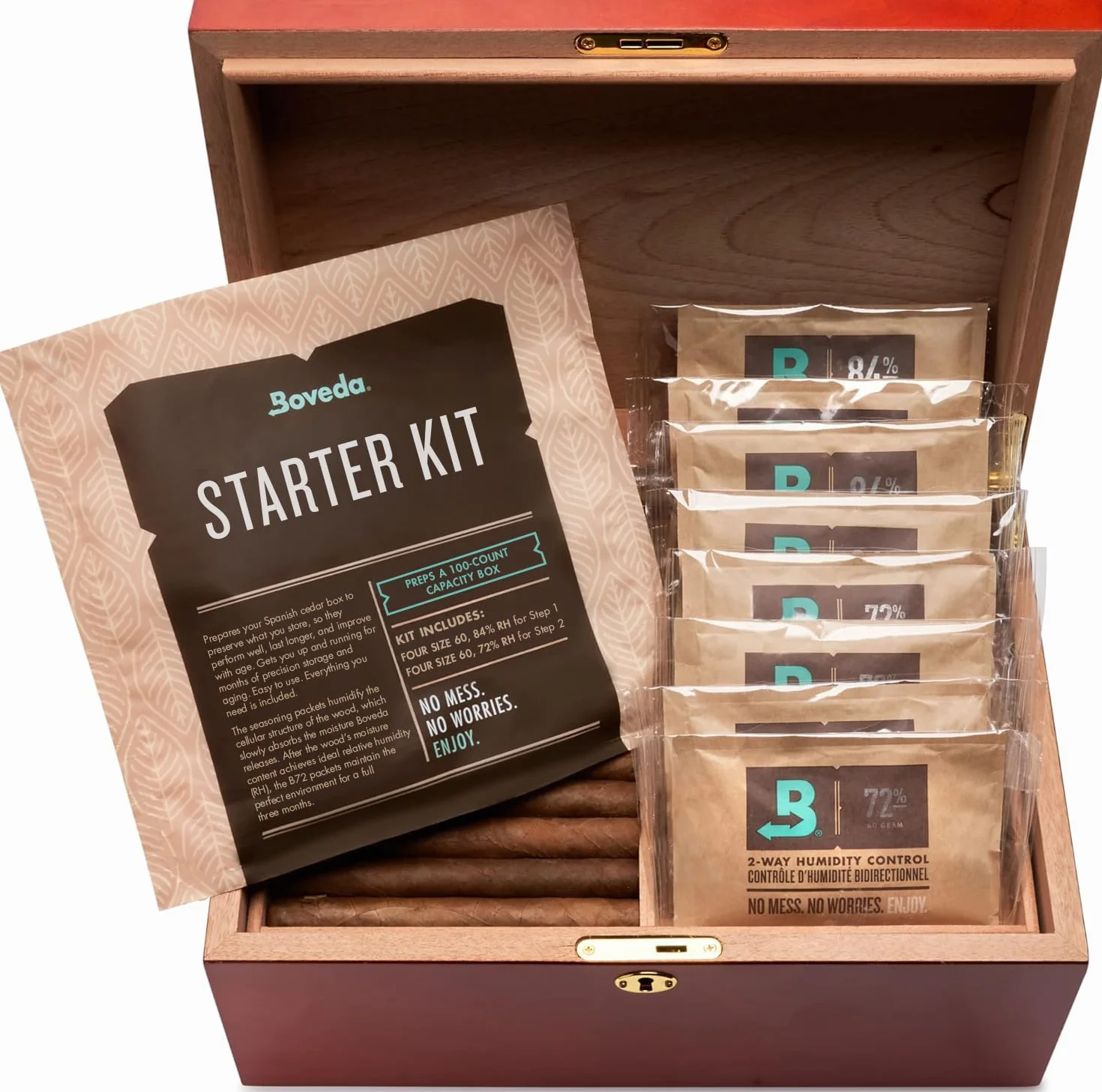 Boveda Humidor-Starter-Set für Zigarren, 100 Stück: Season a Wood Zigarren Humidor Plus erhält Luftfeuchtigkeit mit 2-Wege-Feuchtigkeitskontrolle, inklusive (4) je Größe 60, Boveda 84% RH und 72% RH