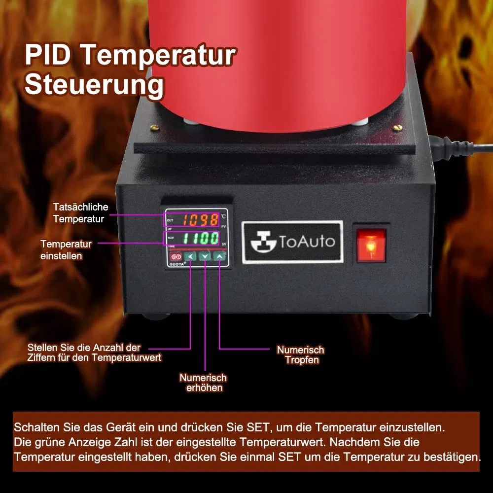 TOAUTO 3KG Digitale Schmelzofen 1400W 2000F, Automatischer Schmelzofen Kit mit Graphittiege und Graphit Barrenform, Schmelz Silber, Gold, Kupfer, Aluminium