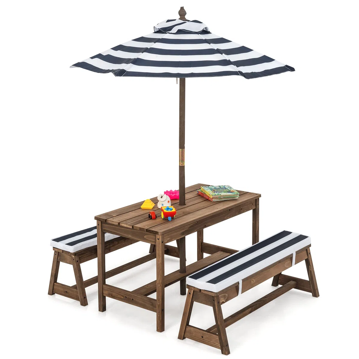 GOPLUS Kinder Picknicktisch, Kindersitzgruppe mit Bänke, Kissen & Sonnenschirm, Kindersitzgarnitur Outdoor aus Holz, Kindersitzbank Sitzgruppe Gartentischset Gartenmöbel für Garten, Terrasse & Balkon
