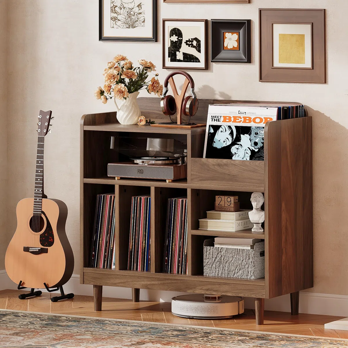 IRONCK Vinyl Plattenspieler Regal mit Ladestation, Schallplatten Aufbewahrung Schallplattenständer für 300 Alben, Mid-Century Modern Record Player Stand für Musikzimmer, Vintage Braun