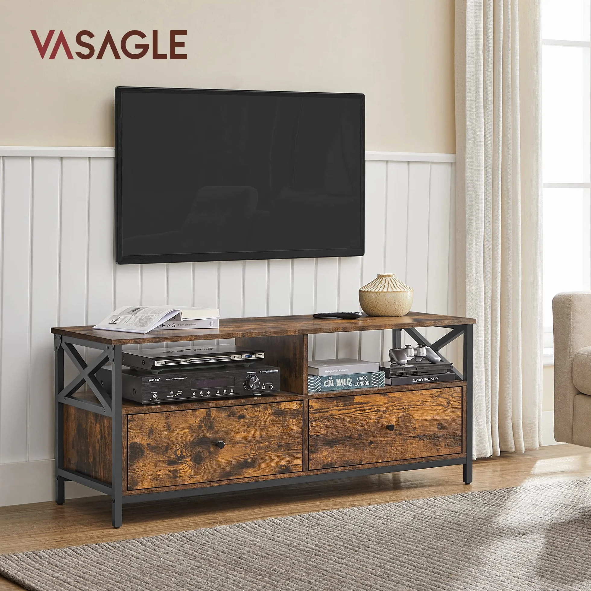 VASAGLE TV-Schrank, Lowboard für Fernseher bis zu 55 Zoll, 120 cm lang, Fernsehtisch mit 2 Schubladen, 2 offenen Fächern, 40 x 120 x 50 cm, Wohnzimmer, Stahlgestell, vintagebraun-schwarz LTV300B01
