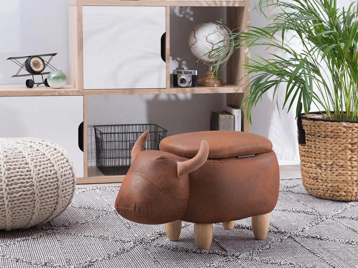 Beliani Tierhocker Kuh Kinderhocker Fußhocker Deko Hocker für Kinderzimmer mit Deckel Braun Cow
