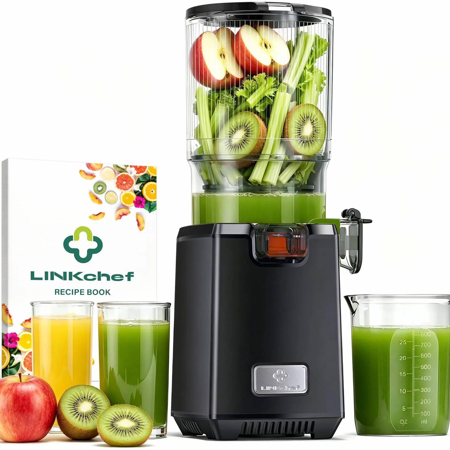 LINKChef Entsafter Slow Juicer, 130 mm große Öffnung, Entsafter Gemüse und Obst, 1,8 L Kapazität, 250W Elektrischer Juicer mit Rücklauffunktion, Leise, Einfache Montage, Leicht zu Reinigen, BPA-frei