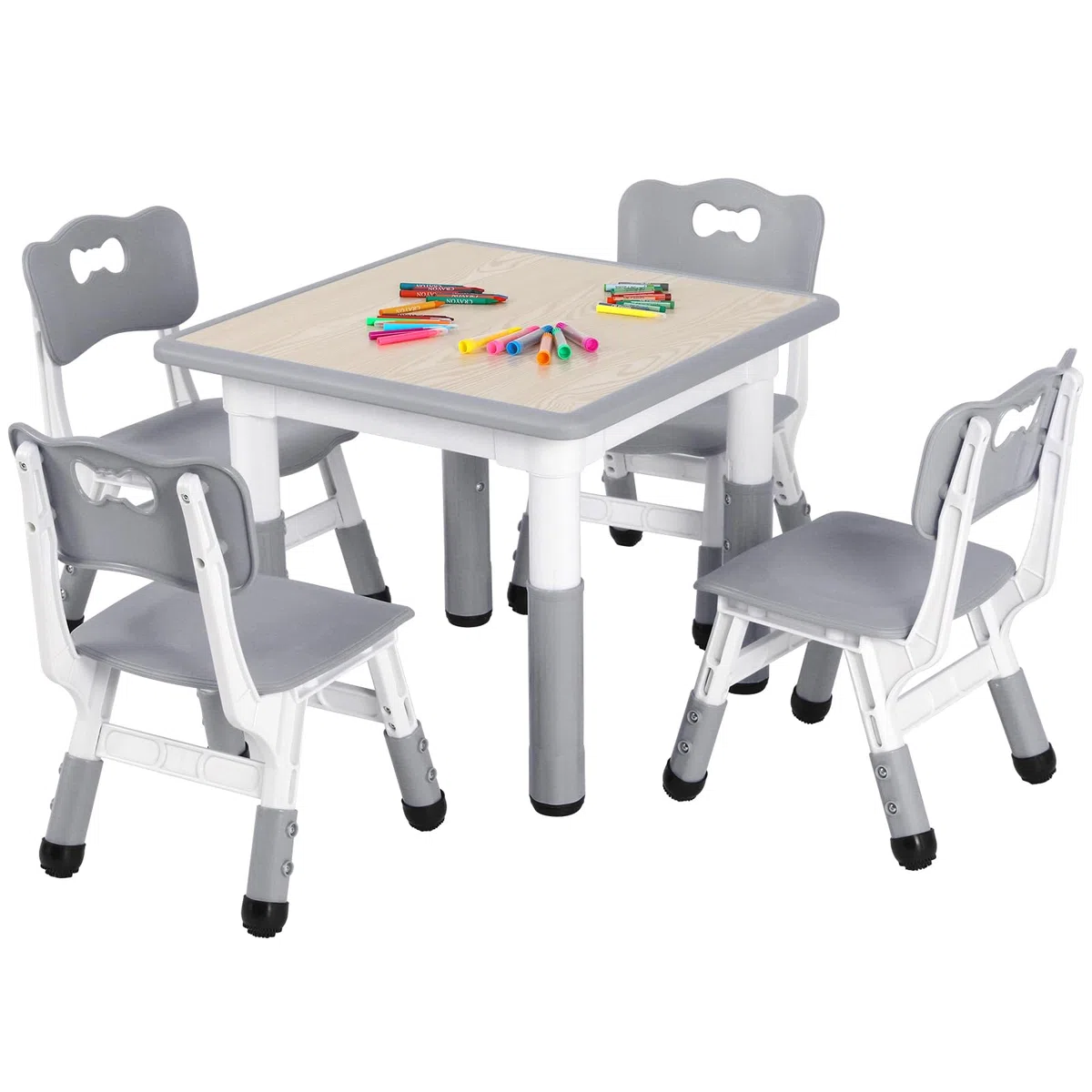 Clevich Kindertisch mit 4 Stühlen, Kinder Tisch Stuhl Set, 60x60x60CM, Plastik Kindermöbel, Höhenverstellbar Kindersitzgruppe für Kinderzimmer Schule Kindertagesstätte（Grau, Quadratischen Tisch）