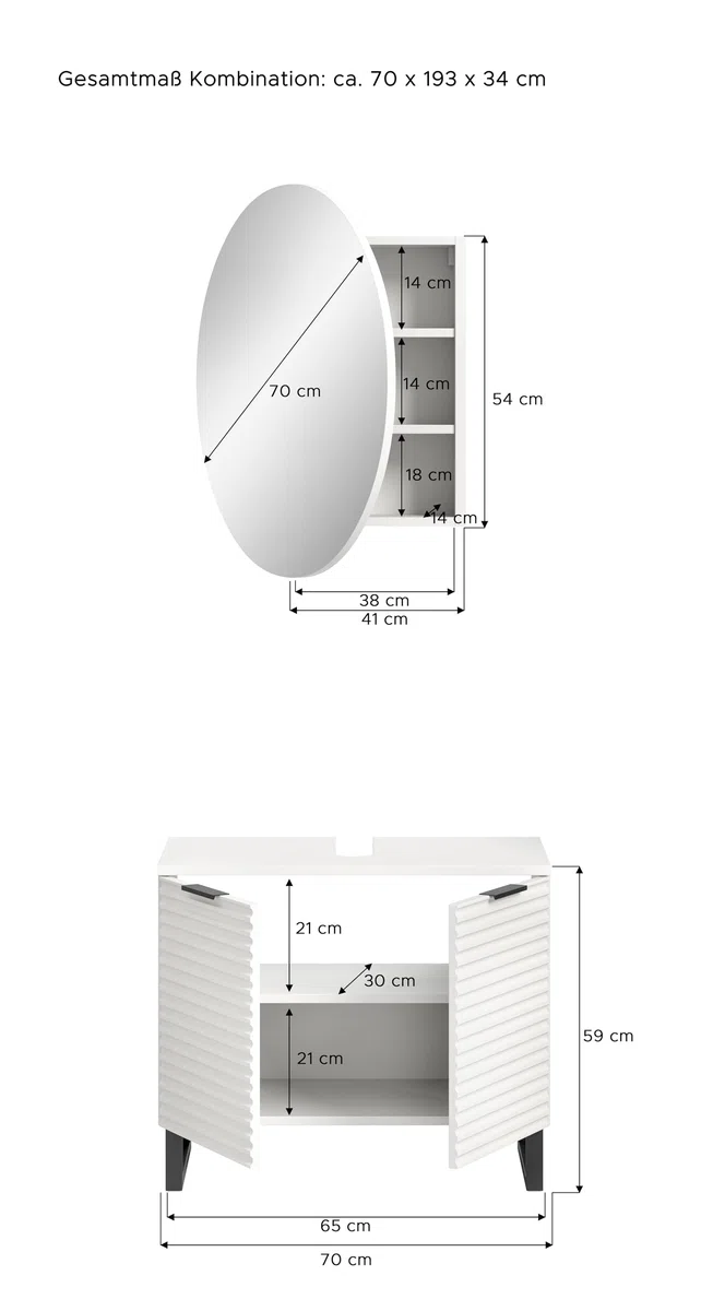 xonox.home Badezimmer Riff 2tlg. Kombination Badmöbel Set kleine Bäder Komplettprogramm Bademöbel-Set in weiß Waschbeckenunterschrank Spiegelschrank rund