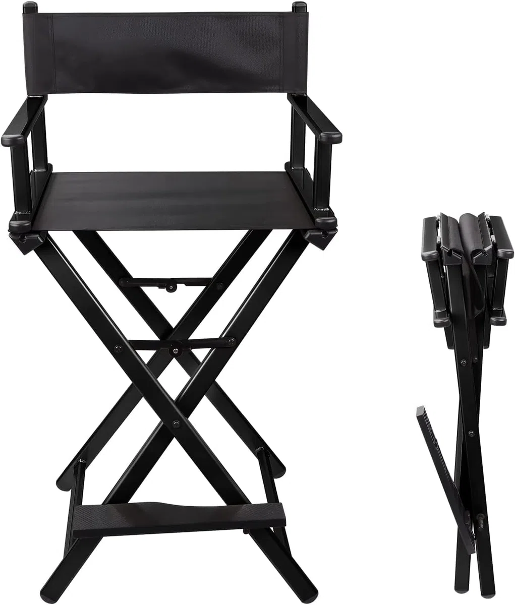 Professioneller faltbarer Direktorssitz - hoher Make-up-Artist-Sitz aus Aluminium für Kunden, tragbarer Regiestuhl, Camping-Chaise (Schwarz)