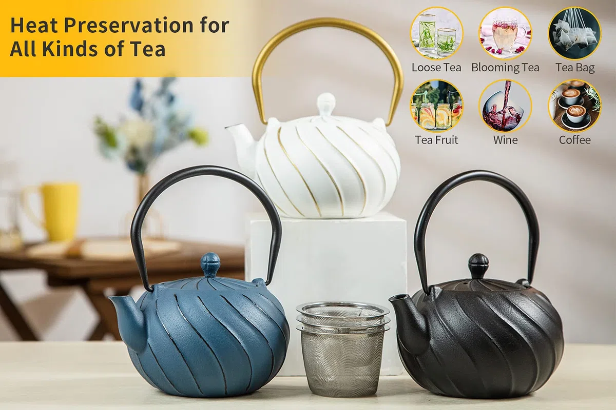 TOPTIER Japanischer Gusseisen-Tee-Kessel mit Infuser für lose Blätter und Teebeutel, Gusseisen-Tee-Kessel mit emaillierter Innenausstattung für 40 oz (1200 ml), Mitternachts-Schwarz