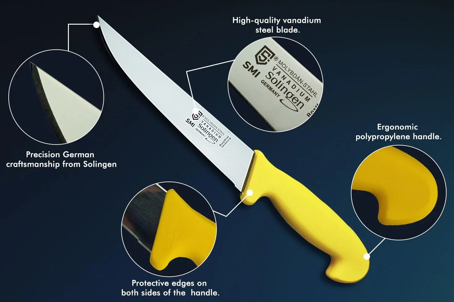 SMI 5 Stück Metzgermesser Set Solingen – Kochmesser, Küchenmesser, Fleischermesser & Ausbeinmesser, Schlachtermesser Set, Deutscher Molybdän Stahl 1.4116, Made in Solingen Germany