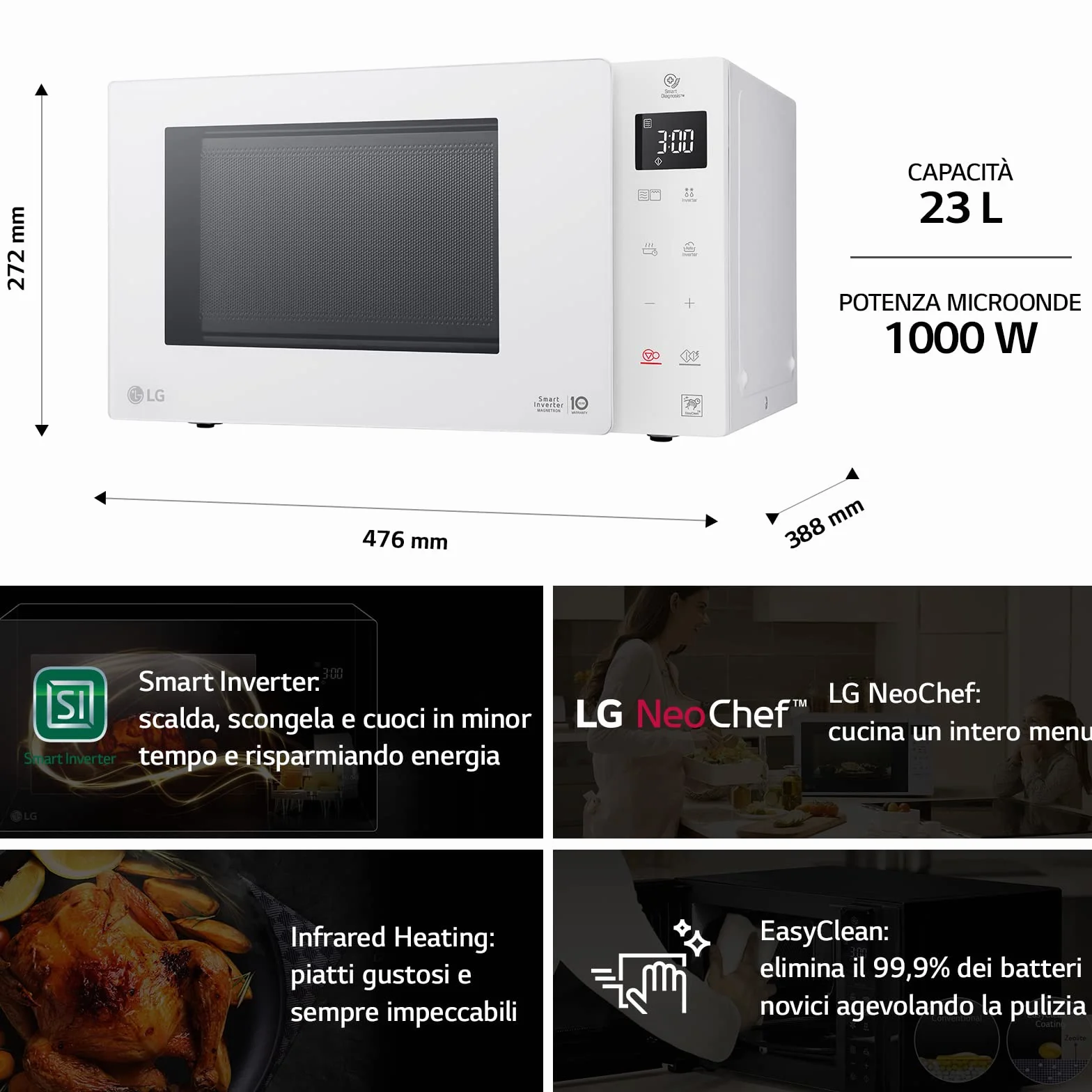 LG Electronics LG, MH6336GIH, Mikrowelle mit Smart Inverter und Quarz-Grill, 23 Liter, 1000 W, Automatikprogramme, 5 einstellbare Leistungsstufen, weiß