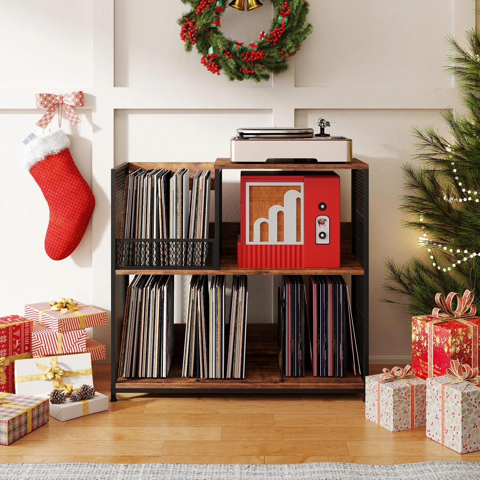 KOMFOTTEU Vinyl-Plattenspielerständer für bis zu 300 Alben, 3-stöckige Schallplatten-Display mit 3 abnehmbaren Trennwänden, Plattenspieler aus Holz und Metall (Braun)