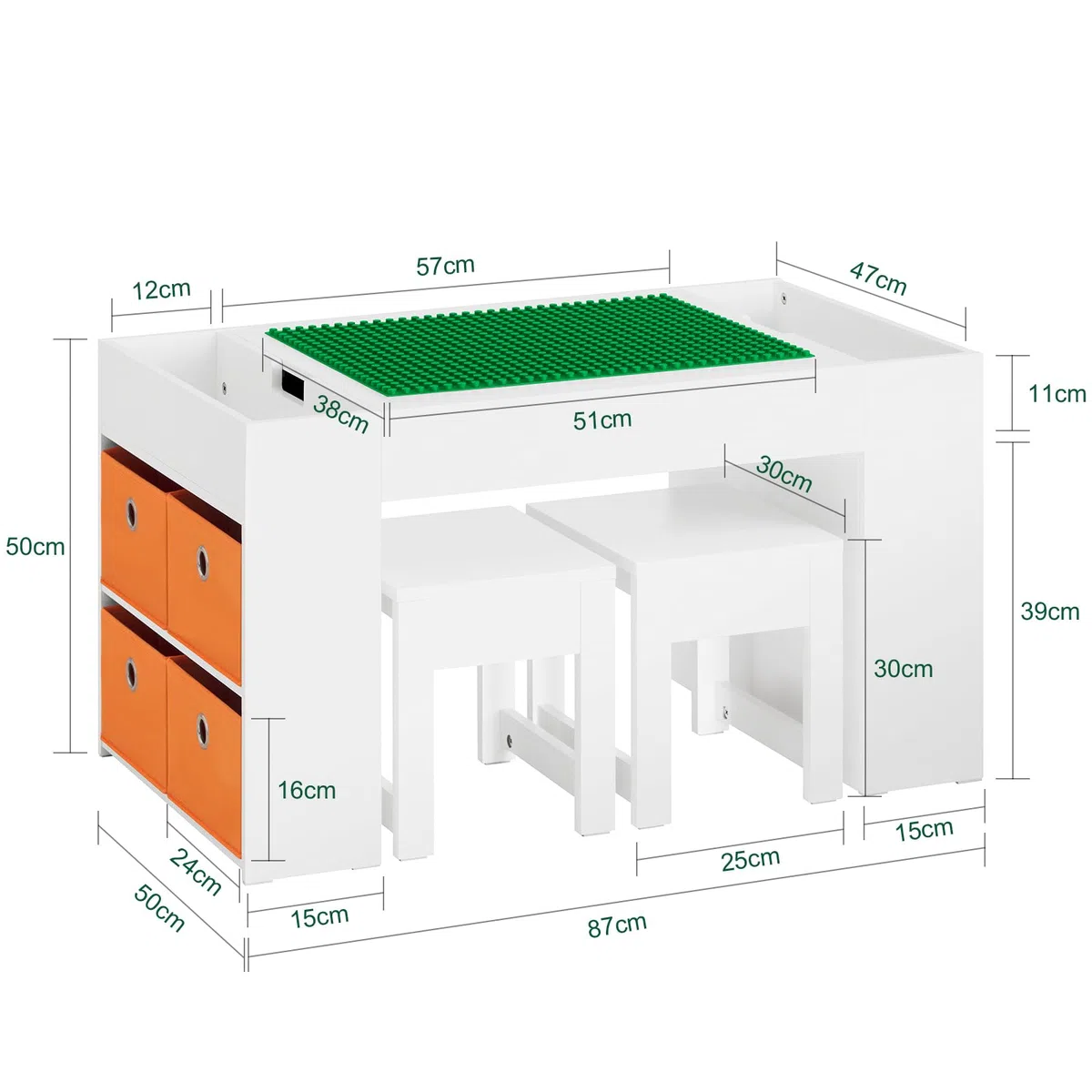 SoBuy Kindertisch mit 2 Stühlen Kinder Tisch Stuhl Set Kindersitzgruppe mit Stauraum Spieltisch und Aktivitätstisch für Kinderzimmer Weiß 87x50x50cm KMB75-W