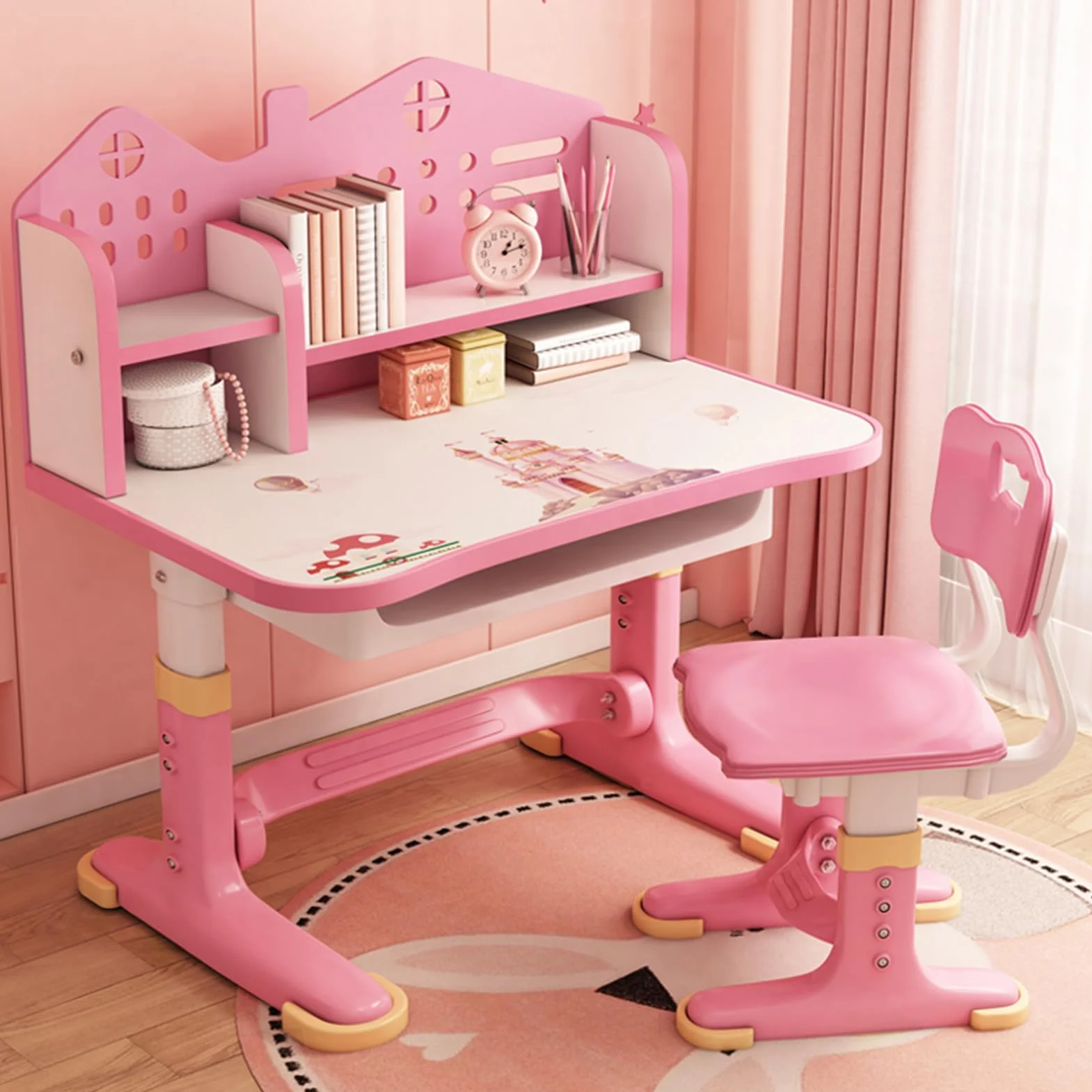 Kinderstühle und -tische, höhenverstellbar, Rosa, Heimschule, Schreibtisch mit Schubladen und Ablagefächern, Lesen/Lernen/Schreiben