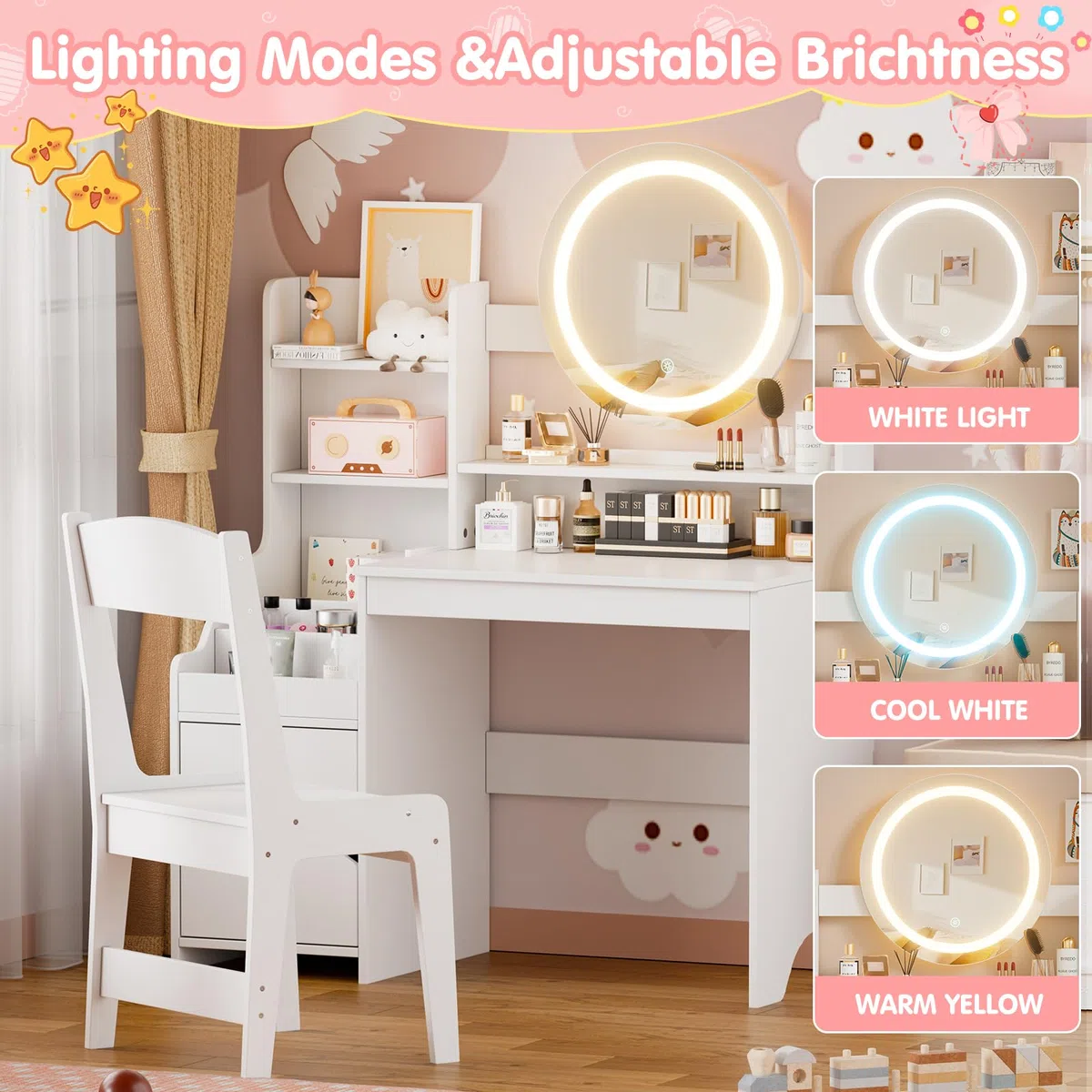 MSFE 2 in 1 Schminktisch Kinder Set, Kinderschminktisch Prinzessin Frisiertisch mit Hocker, LED-Spiegel & Stauraum Schrank, Frisierkommode Mädchen Holz ab 5 mit offenen Fächern (Weiß)