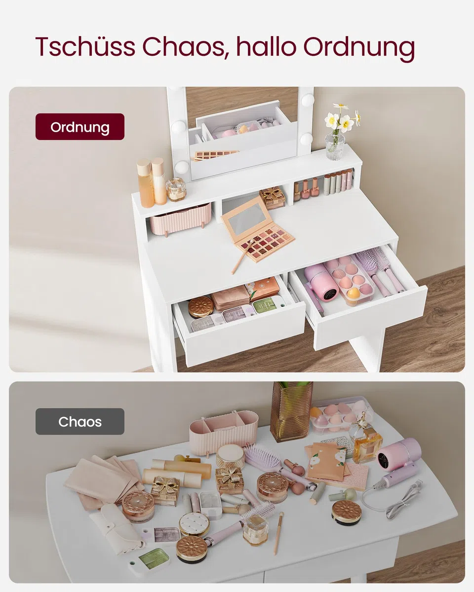 VASAGLE Kailyn Kollektion - Schminktisch mit LED-Beleuchtung, einstellbare Helligkeit, Frisiertisch mit Spiegel, Kosmetiktisch mit 2 Schubladen und 3 offenen Fächern, weiß RDT114W01